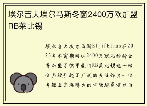 埃尔吉夫埃尔马斯冬窗2400万欧加盟RB莱比锡